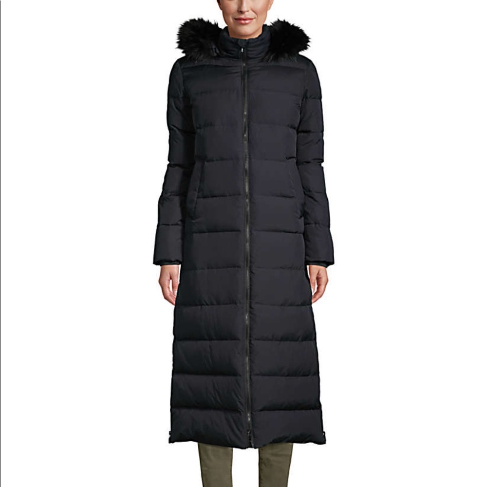 Lands' End Long Black Puffer Coat with Faux Fur Trim Hood